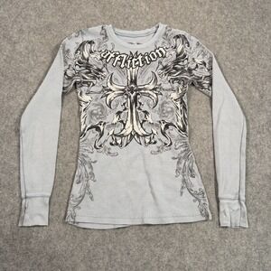 Affliction Vintage Y2K Light Blue Thermal Long Sleeve Graphic Top Women's Size S